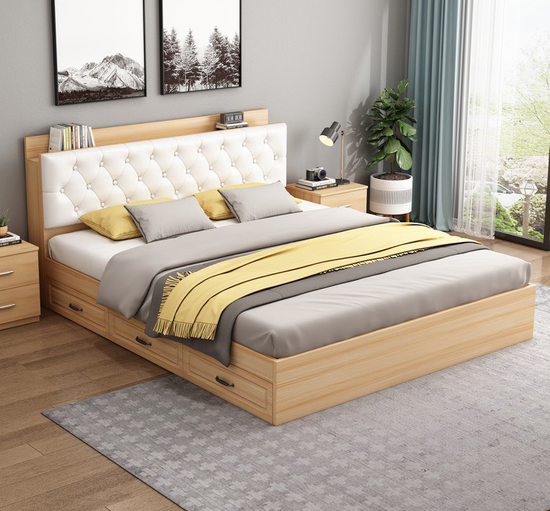 Giường gỗ công nghiệp đầu giường bọc da hiện đại